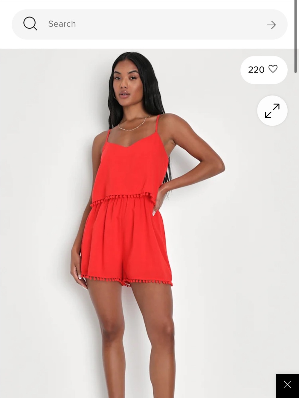 Lulu's Red Sleeveless Romper with Pom-Pom Trim